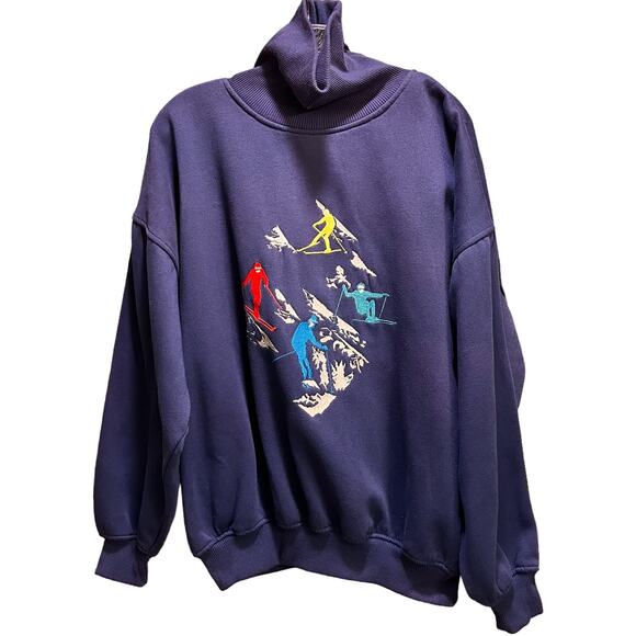 Vintage John Ashford Sport Skiers Embroidered Turtleneck Sweatshirt - Picture 1 of 7